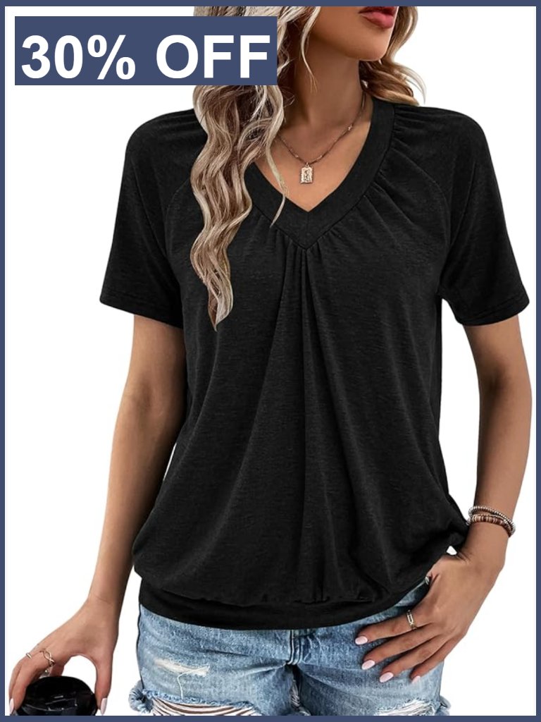 Short Sleeve V-Neck Casual Loose Fit Ruched T-Shirt Top Blouse
